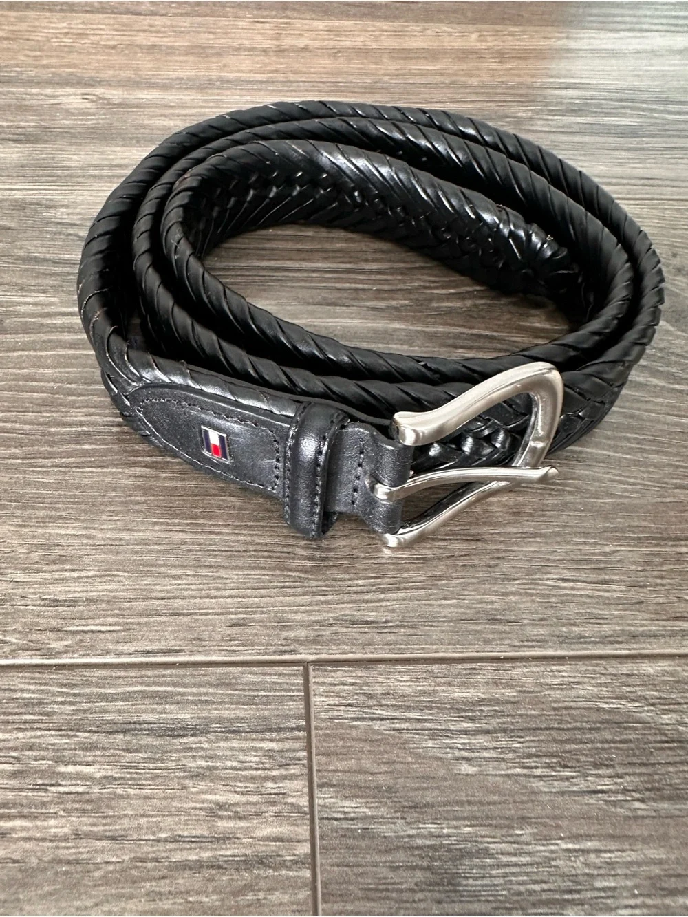 Tommy Hilfiger Black Braided Genuine Leather Belt with Silver Buckle